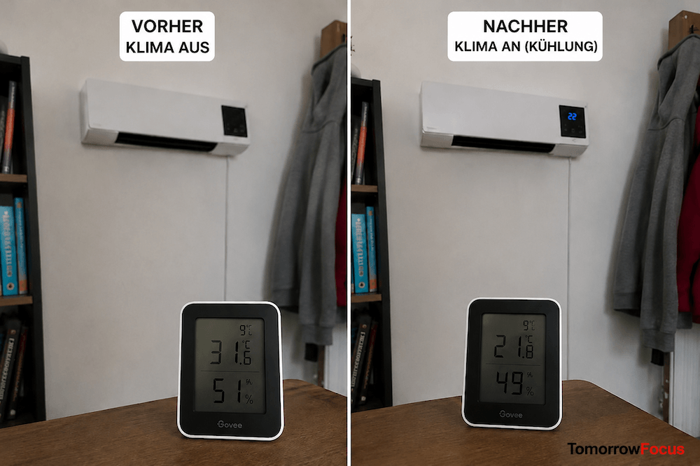 Coolizi Test – Vorher Nachher Vergleich: Raumtemperatur von 31,6°C auf 21,8°C nach Inbetriebnahme der TurboCool-Kühlung