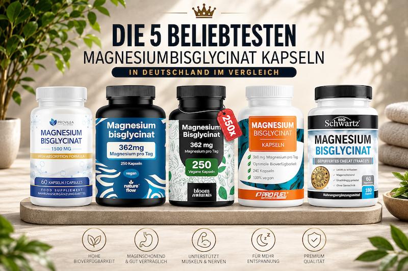 Magnesiumbisglycinat Kapseln im Vergleich 2026 Magnesiumbisglycinat Kapseln im Vergleich 2026 - fünf beliebte Präparate
